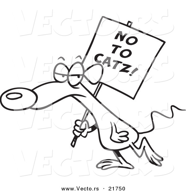 Vector of a Cartoon Mouse Carrying a No to Catz Sign - Outlined Coloring Page