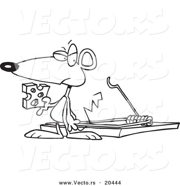 Vector of a Cartoon Mouse Holding Cheese by a Trap - Coloring Page Outline