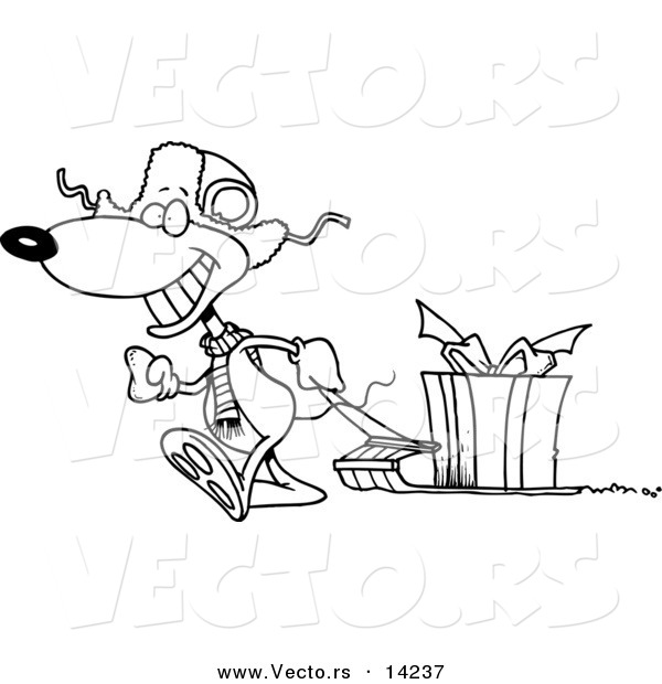 Vector of a Cartoon Mouse Pulling a Christmas Gift on a Sled - Coloring Page Outline