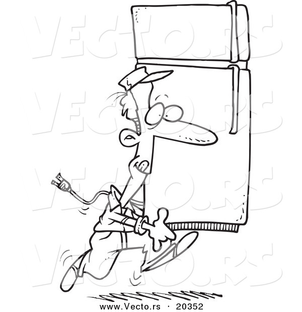 Vector of a Cartoon Mover Carrying a Fridge - Coloring Page Outline