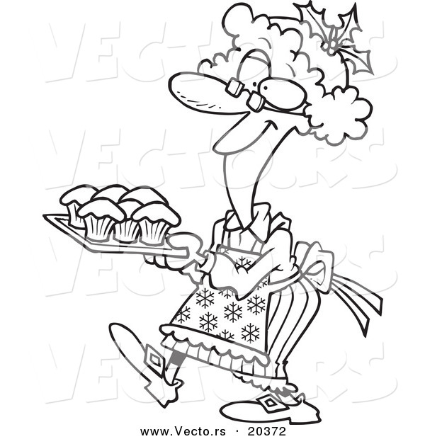 Vector of a Cartoon Mrs Claus Baking Cupcakes - Coloring Page Outline