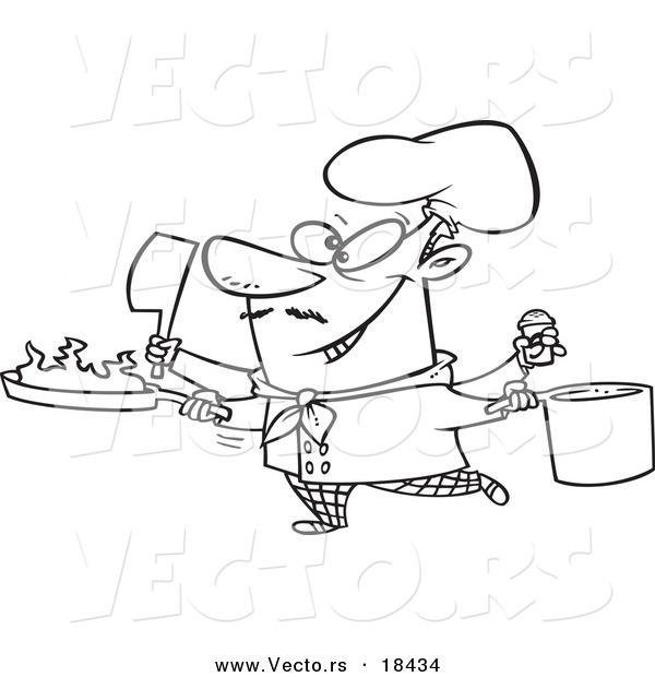 Vector of a Cartoon Multi Tasking Chef - Outlined Coloring Page