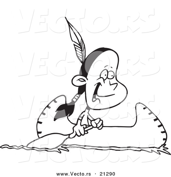 Vector of a Cartoon Native American Boy in a Canoe - Outlined Coloring Page