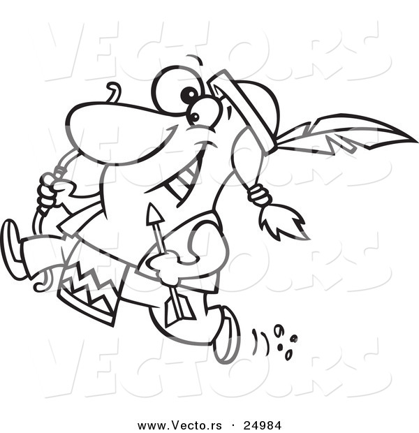 Vector of a Cartoon Native American Indian Archer Warrior Brave Running with a Bow and Arrow - Outlined Coloring Page