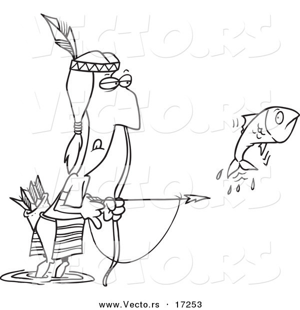 Vector of a Cartoon Native American Man Bow Fishing - Coloring Page Outline