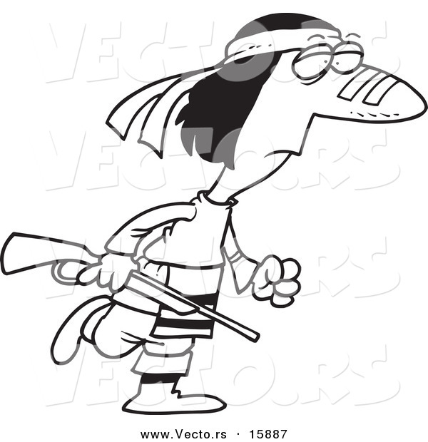 Vector of a Cartoon Native American Man Carrying a Gun - Outlined Coloring Page Drawing