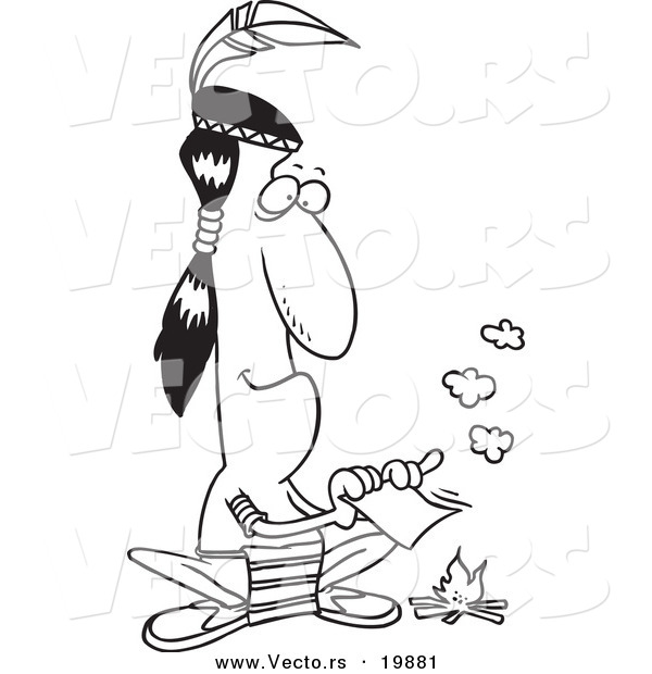 Vector of a Cartoon Native American Man Fanning a Fire with a Memo - Outlined Coloring Page