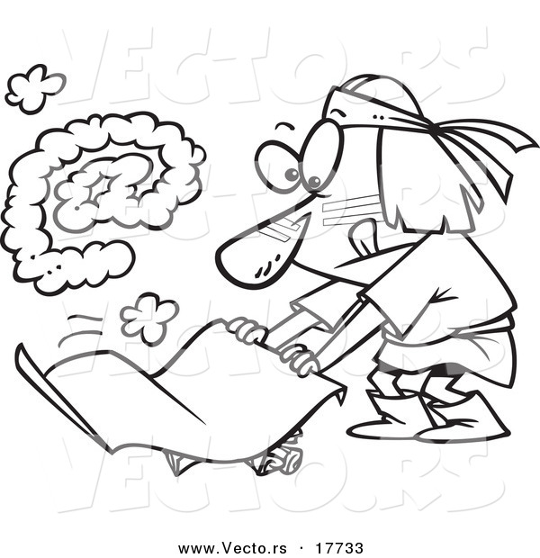 Vector of a Cartoon Native American Man Fanning a Fire with an at Smoke Symbol - Coloring Page Outline
