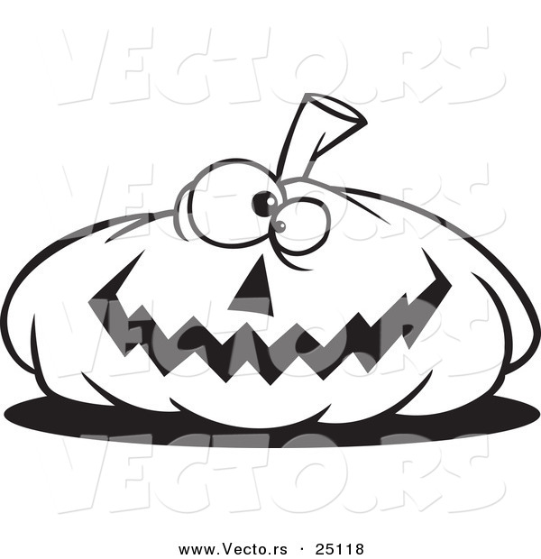 Vector of a Cartoon Nearly Flat Jackolantern Halloween Pumpkin - Coloring Page Outline