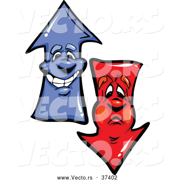 Vector of a Cartoon Negative Red and Positive Blue Arrow Characters