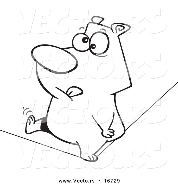 Vector of a Cartoon Nervous Bear Walking a Tight Rope - Outlined Coloring Page Drawing