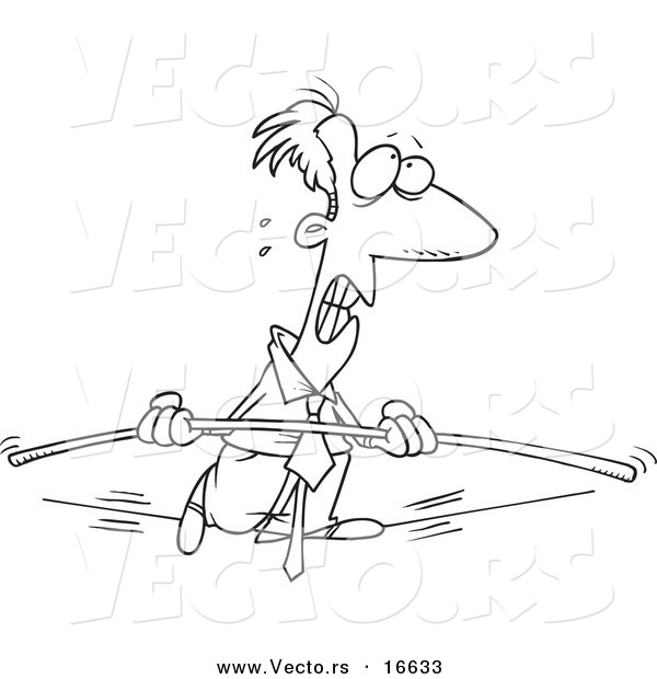 Vector of a Cartoon Nervous Businessman Walking a Tight Rope with a Bar - Outlined Coloring Page Drawing