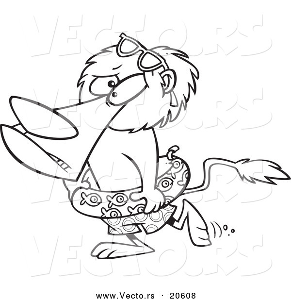 Vector of a Cartoon Nervous Lion Wearing an Inner Tube - Coloring Page Outline