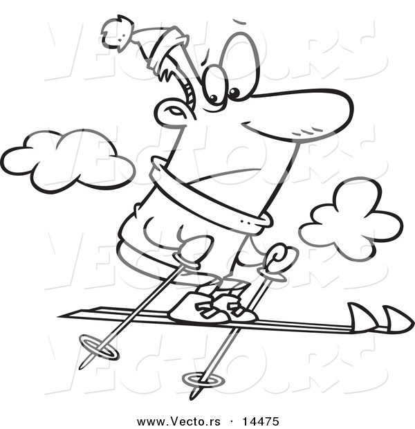 Vector of a Cartoon Nervous Man Jumping Too High While Skiing - Coloring Page Outline