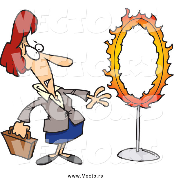 Vector of a Cartoon Nervous Red Haired White Businesswoman Standing by a Flaming Hoop