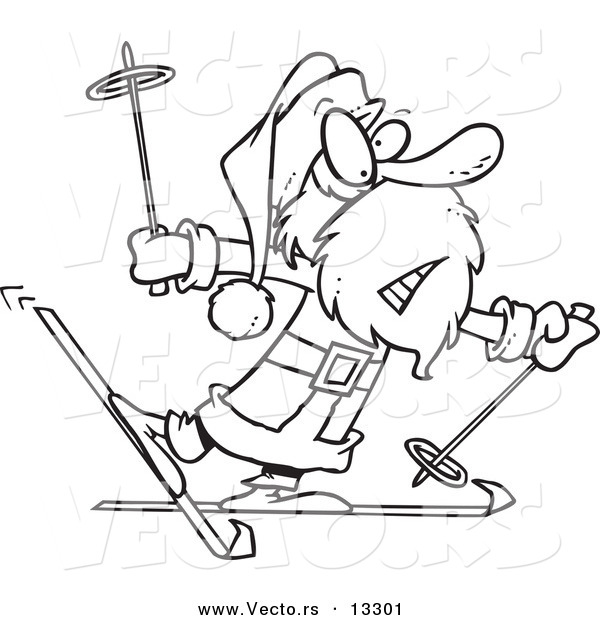 Vector of a Cartoon Nervous Santa Skiing - Coloring Page Outline