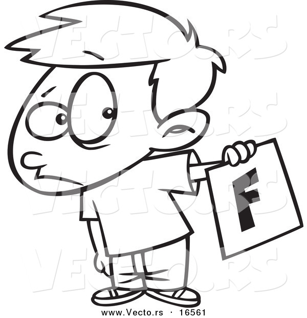 Vector of a Cartoon Nervous School Boy Holding out a Bad Report Card - Outlined Coloring Page Drawing