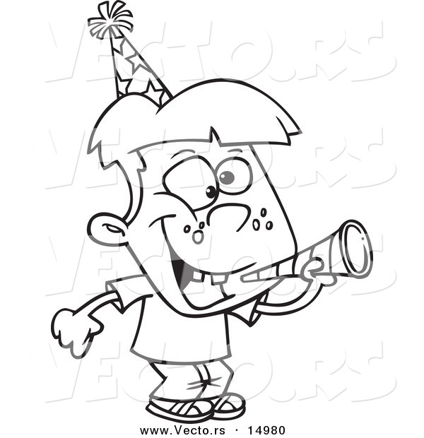 Vector of a Cartoon New Year Boy with a Horn - Coloring Page Outline