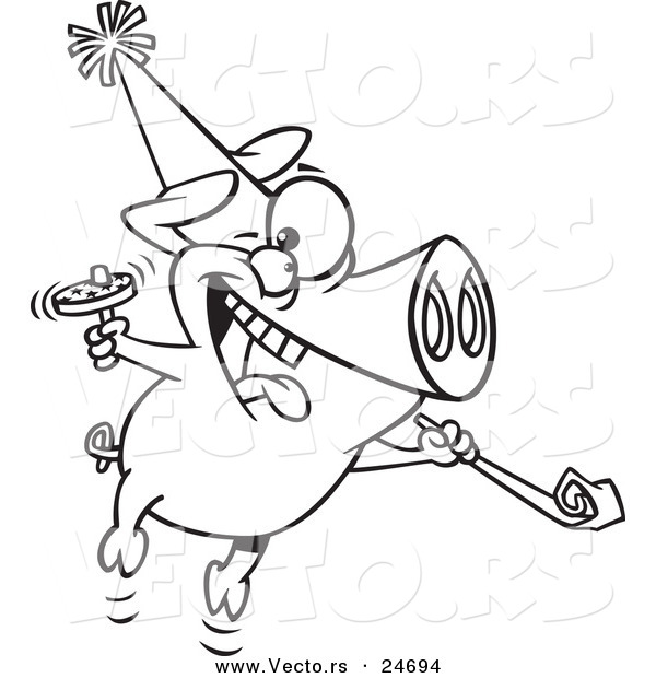 Vector of a Cartoon New Year Party Pig - Outlined Coloring Page