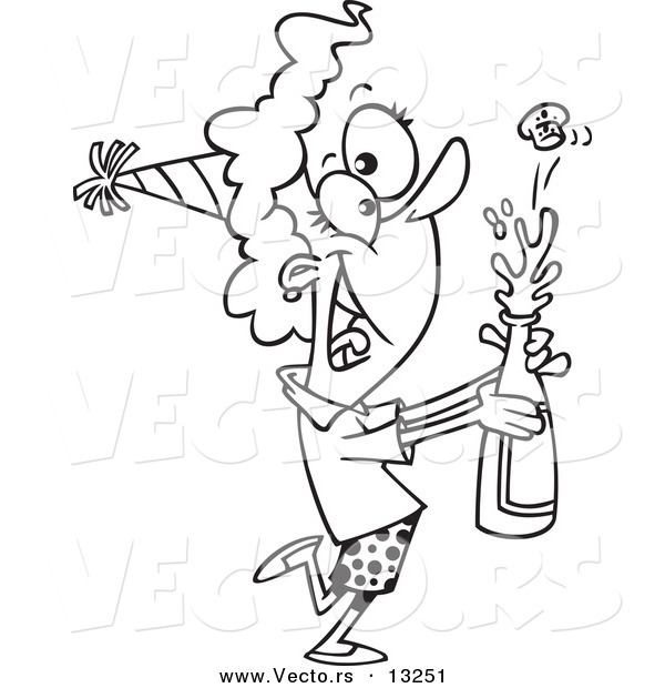 Vector of a Cartoon New Year Woman Popping Open a Bottle of Champagne - Coloring Page Outline