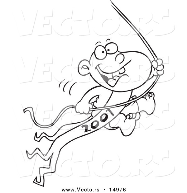 Vector of a Cartoon New Years Baby Swinging on a Rope - Coloring Page Outline