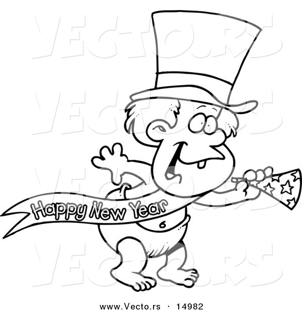 Vector of a Cartoon New Years Baby with a Horn - Coloring Page Outline