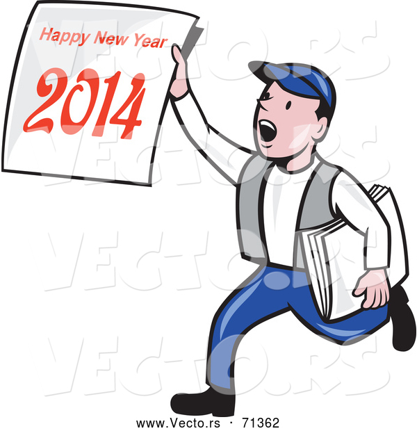 Vector of a Cartoon News Boy Delivering a 'Happy New Year 2014' Newspaper