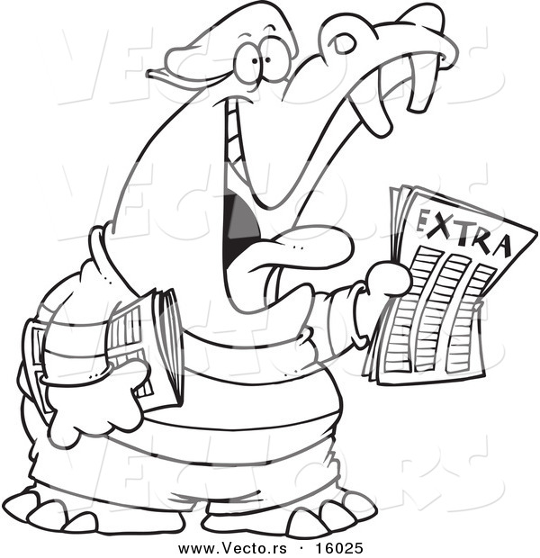 Vector of a Cartoon Newsie Hippo - Outlined Coloring Page Drawing