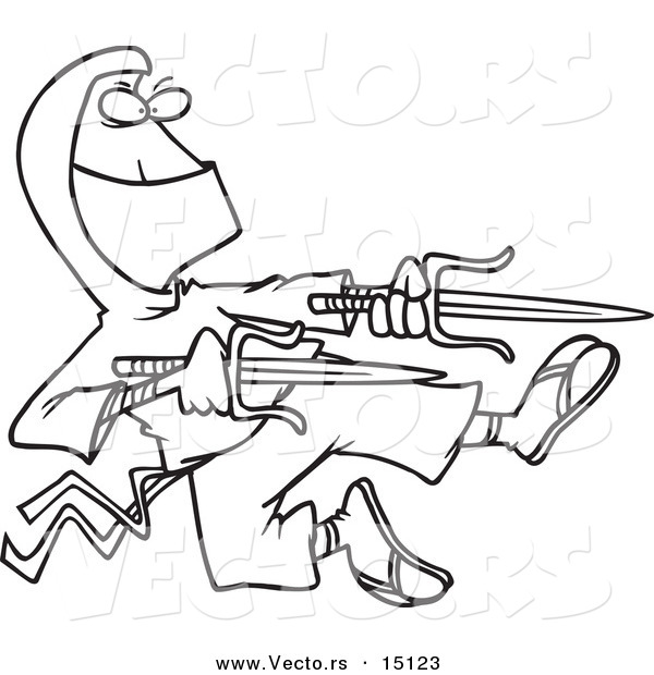 Vector of a Cartoon Ninja Holding Blades - Coloring Page Outline