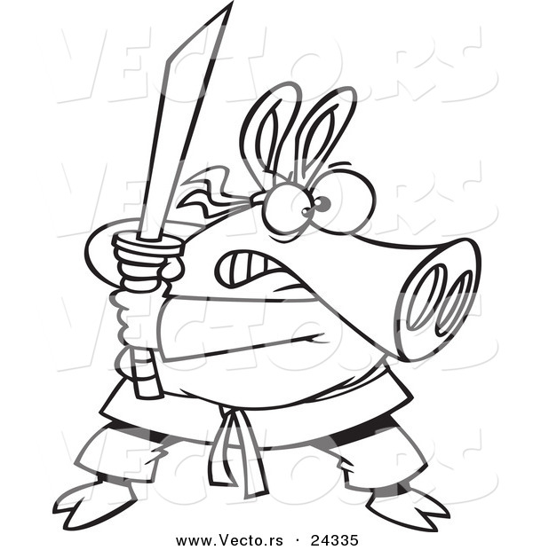 Vector of a Cartoon Ninja Pig with Sword - Outlined Coloring Page