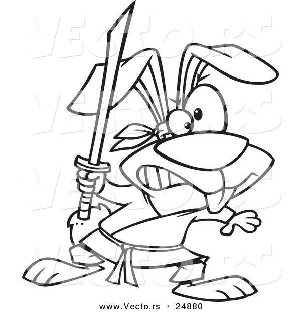 Vector of a Cartoon Ninja Rabbit with a Sword - Outlined Coloring Page