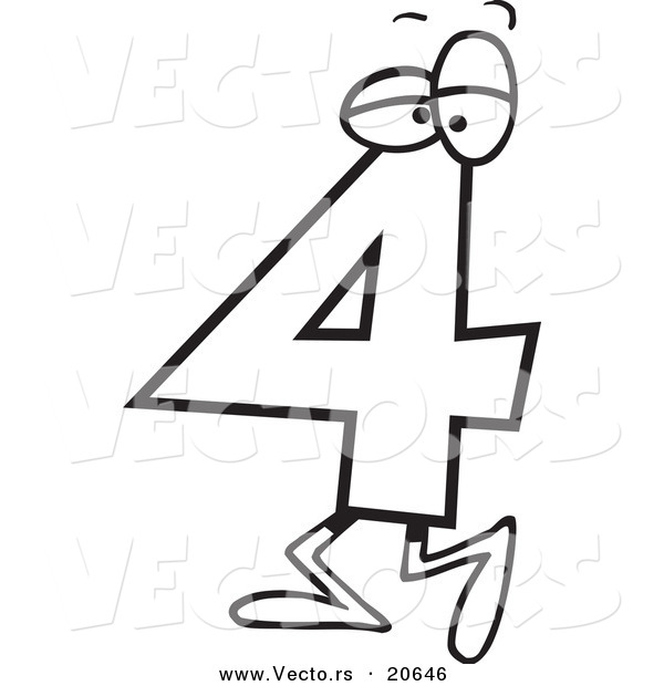 Vector of a Cartoon Number Four 4 Character - Coloring Page Outline