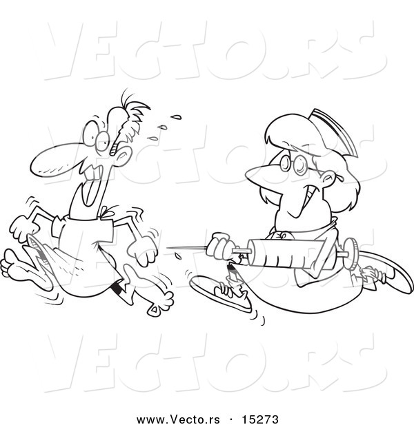 Vector of a Cartoon Nurse Chasing a Patient with a Needle - Coloring Page Outline
