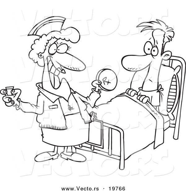 Vector of a Cartoon Nurse Giving a Patient Medication - Outlined Coloring Page