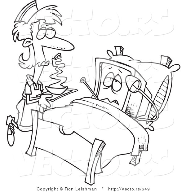 Vector of a Cartoon Nurse Helping Sick Computer Resting in Medical Bed - Line Drawing