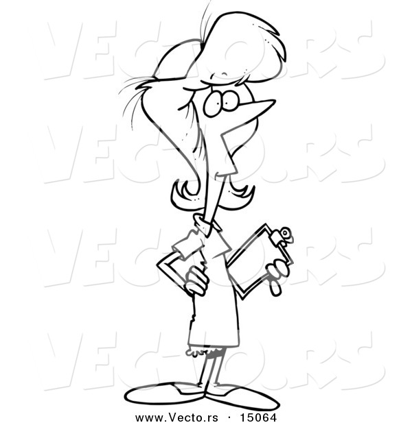 Vector of a Cartoon Nurse with a Clipboard - Coloring Page Outline