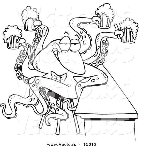 Vector of a Cartoon Octopus Bartender Serving Beer - Coloring Page Outline