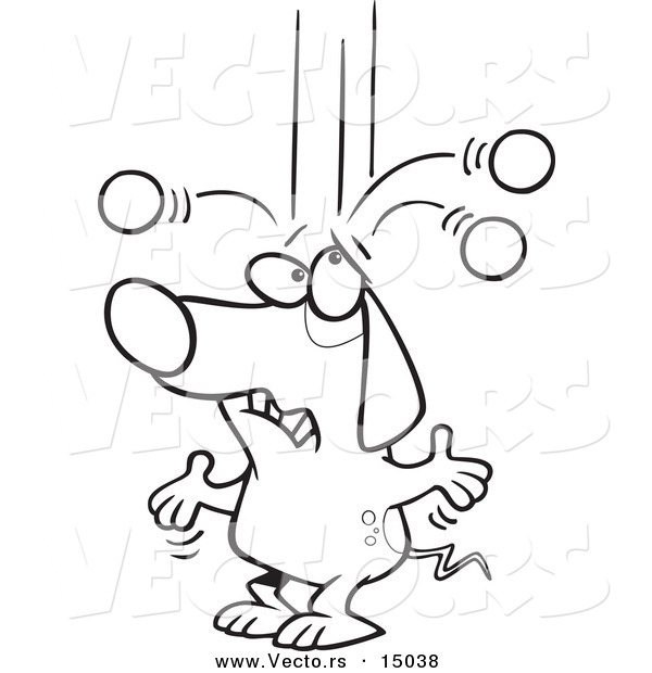 Vector of a Cartoon Old Dog Trying to Juggle Balls - Coloring Page Outline