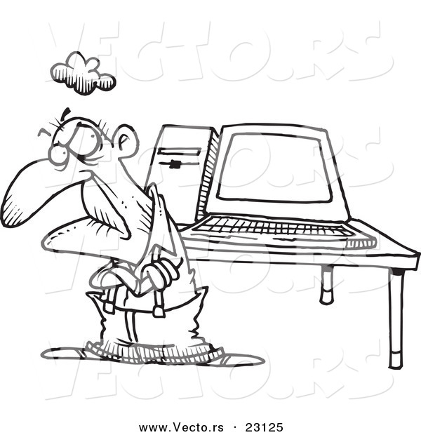 Vector of a Cartoon Old Geezer with a Computer - Coloring Page Outline