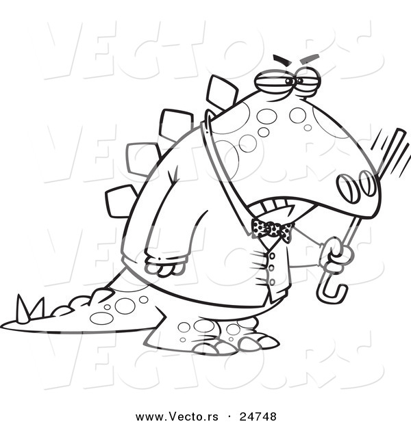 Vector of a Cartoon Old Grumpy Dinosaur Waving His Cane - Outlined Coloring Page