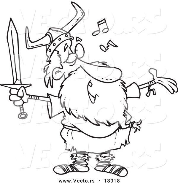 Vector of a Cartoon Old Male Viking Holding a Sword and Singing - Coloring Page Outline