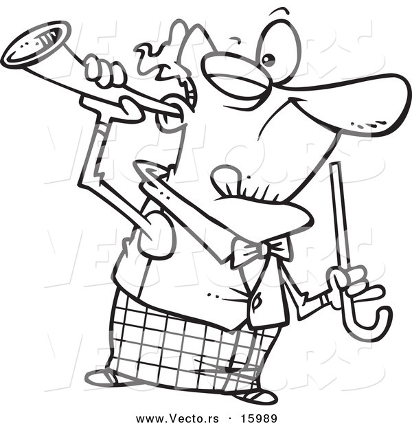 Vector of a Cartoon Old Man Holding a Trumpet up to His Ear - Outlined Coloring Page Drawing