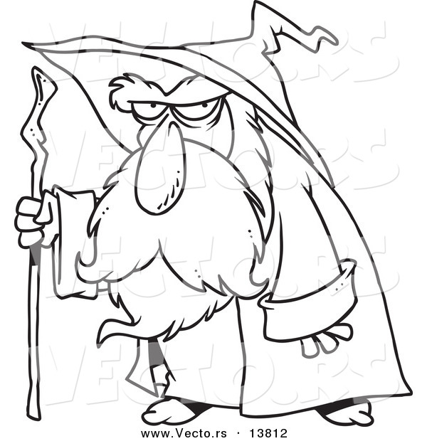 Vector of a Cartoon Old Wizard Using His Cane - Coloring Page Outline