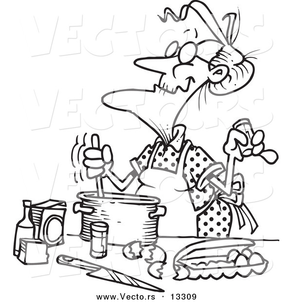 Vector of a Cartoon Old Woman Baking - Coloring Page Outline