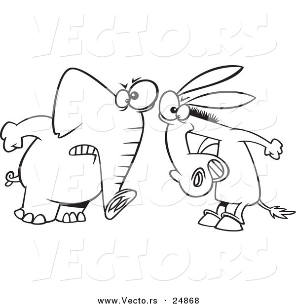 Vector of a Cartoon Opposing Democratic Donkey and Republican Elephant - Outlined Coloring Page