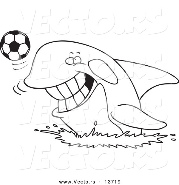 Vector of a Cartoon Orca Playing with a Soccer Ball - Coloring Page Outline