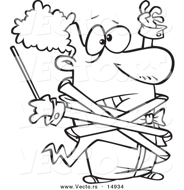 Vector of a Cartoon Orchestra Conductor Tangled in His Jacket - Coloring Page Outline