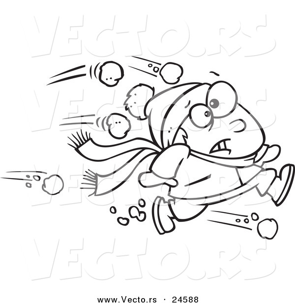 Vector of a Cartoon Outnumbered Boy Running from Snowballs - Outlined Coloring Page