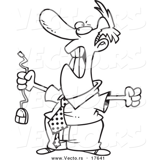 Vector of a Cartoon Outraged Businessman Holding a Computer Mouse - Coloring Page Outline