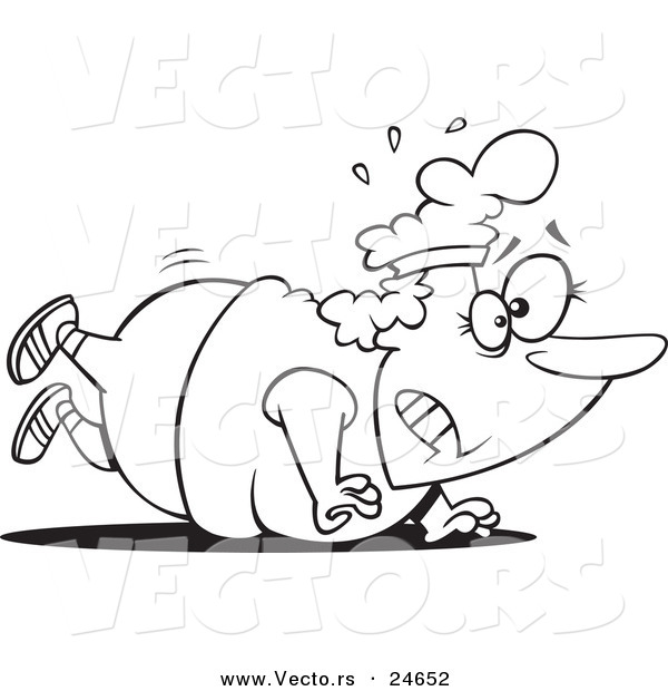 Vector of a Cartoon Overweight Lady Trying to Do Push Ups - Outlined Coloring Page